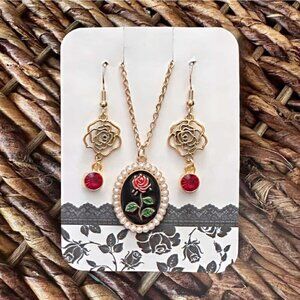 New Handmade Black Rose Pendant Necklace and Earrings Set